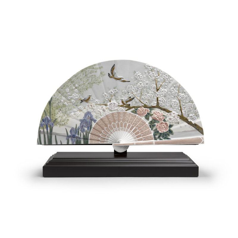 Spring Blossom Porcelain Fan with Iris and Cherry Flowers