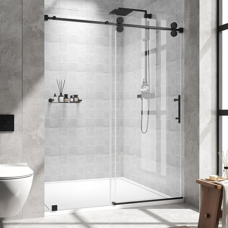 56–60" W x 76" H Frameless Single Sliding Shower Door with 5/16" (8mm) Tempered Glass and Stainless Steel Hardware, Matte Black