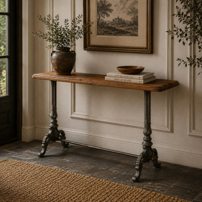 Mavis Filigree Console Table – Reclaimed Hardwood Top with Recycled Natural Steel Base (59") 