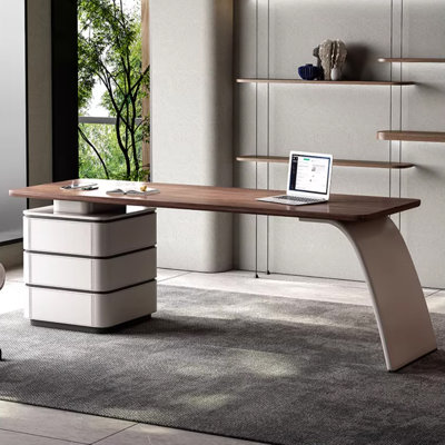Bureau rectangulaire à 3 tiroirs en bois manufacturé brun noisette + blanc beige