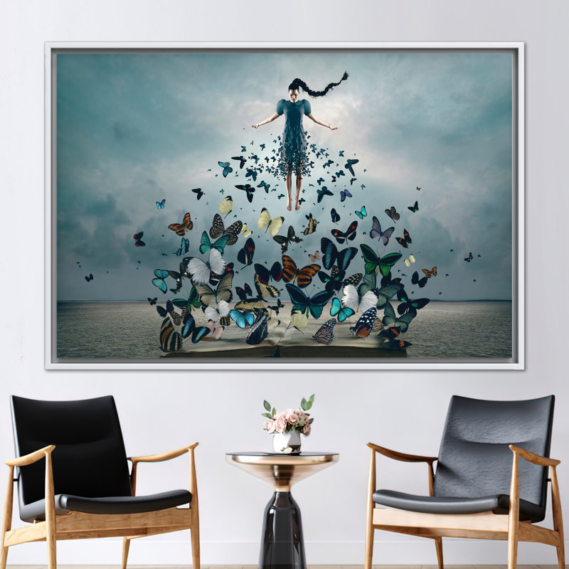 Toile d'art moderne abstrait avec une femme entourée de papillons, cadeau de décoration murale, H 8 po x l 12 po
