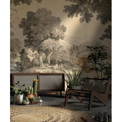 Papier peint mural gravé représentant un paysage champêtre | Papier peint vintage vert et crème avec arbres | Intissé ou autocollant