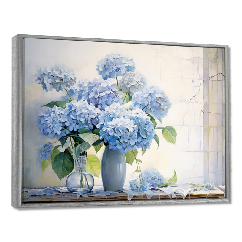 «Blue Hydrangea Farmhouse Still Life - Hydrangea», reproduction d'art sur toile, H 24 po x l 32 po x P 1 po
