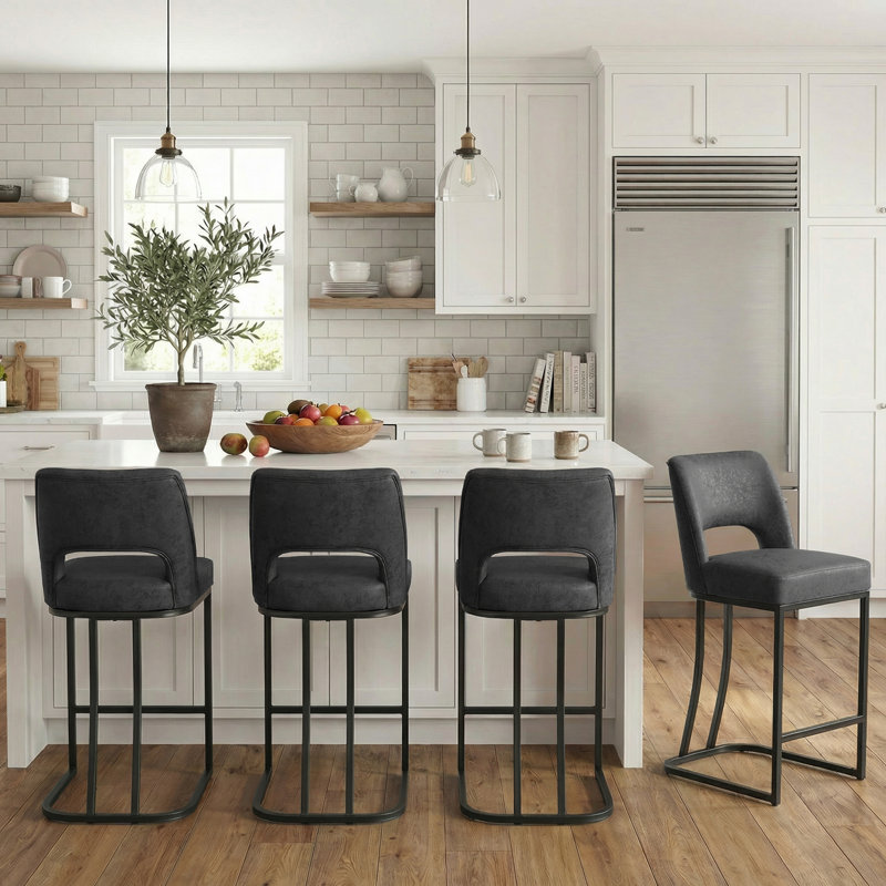 Tabouret de bar moderne en similicuir avec cadre en métal, tabourets de bar modernes à hauteur de comptoir avec dossier découpé, ensemble de 4