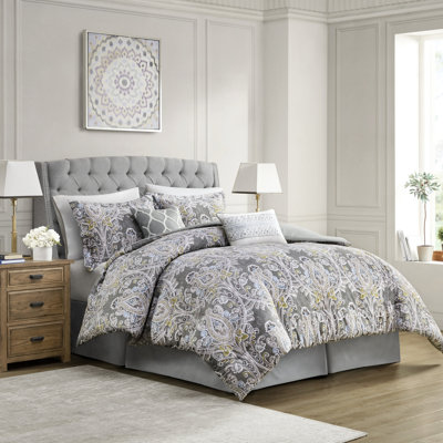 King Bed Grey Cotton Comforter With Allergen- Fill For Embroidered Accents