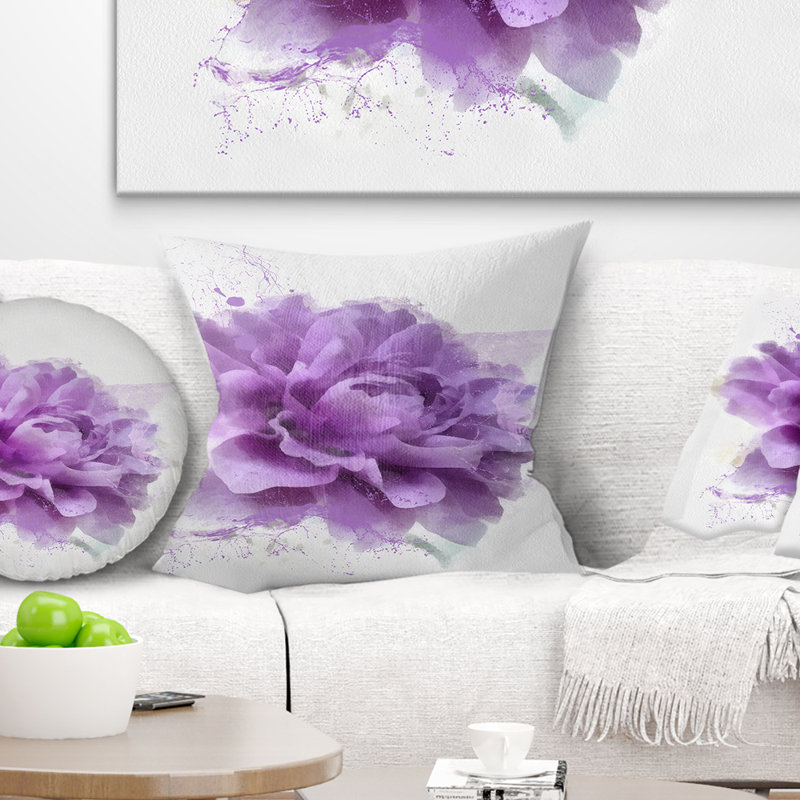 Coussin à imprimé floral aquarelle mauve, 16 po x 1 po, Coussin décoratif
