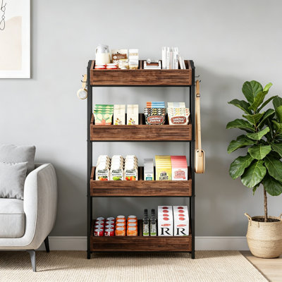 30 Inches 4-Tier Retail Display Rack, Shelving Unit, Storage Shelves, Wood Shelving Unit With Hooks