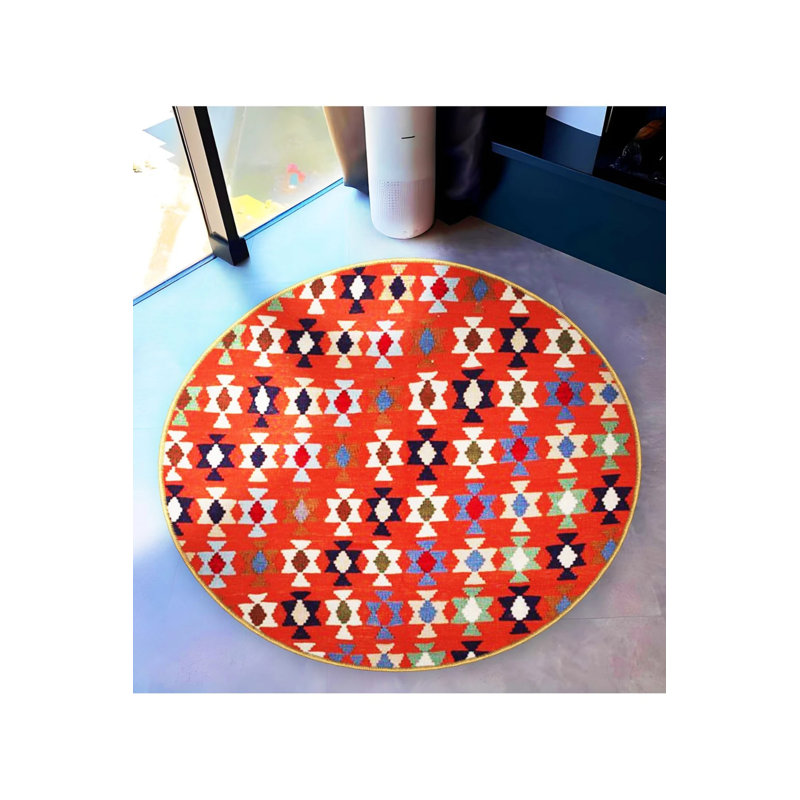 Red Themed Multicolored Ethnic Motif Patterned Round Woven Base Vintage Decorative Carpet, Round 3'4"
