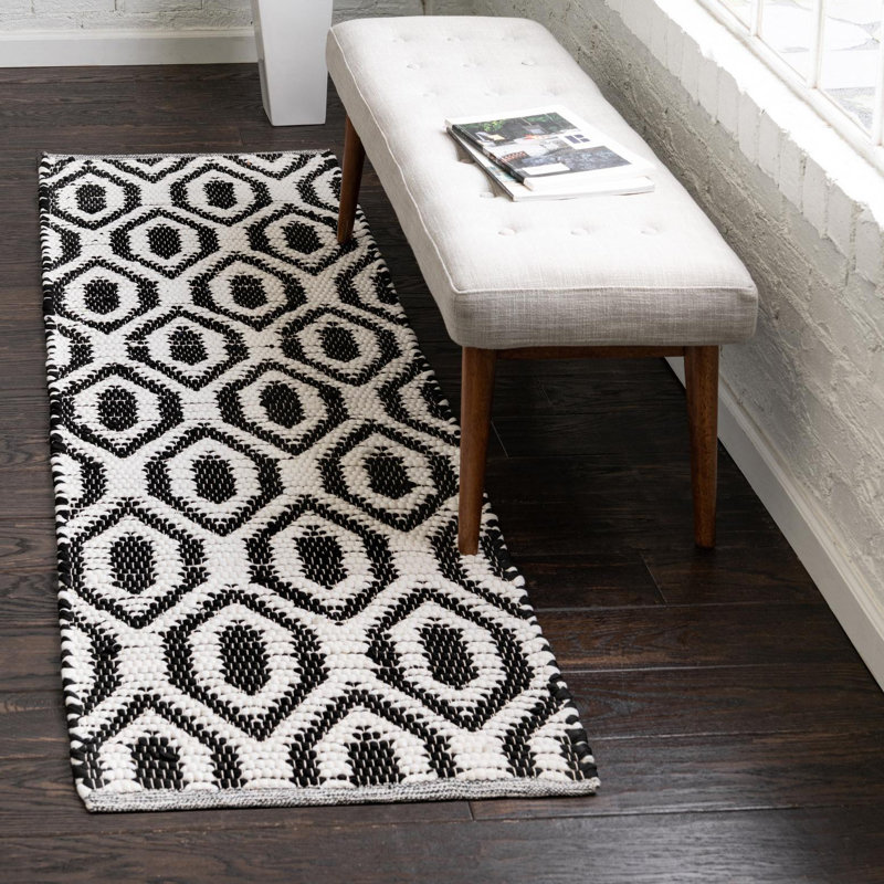 Tapis géométrique en jute tissé à plat à la main Drennan, Chemin de table 1 pi 2 po x 8 pi