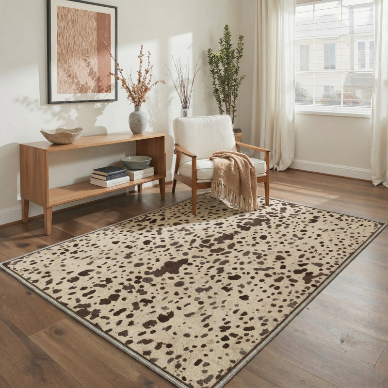 Cielo Animal Print Cowhide Machine Washable Mocha Beige Indoor Area Rug with Non-Slip Backing, Round 5'