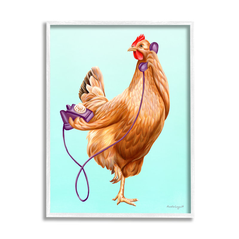 Poulet poule parlant mauve, téléphone à giclée, art texturé par Amelie Legault, L 11 po x H 14 po, Cadre blanc