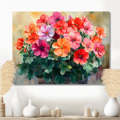 Geranium Garden In Sunlit Colors Realism - Traditional Metal Art Print, Geraniums Metal Wall Art