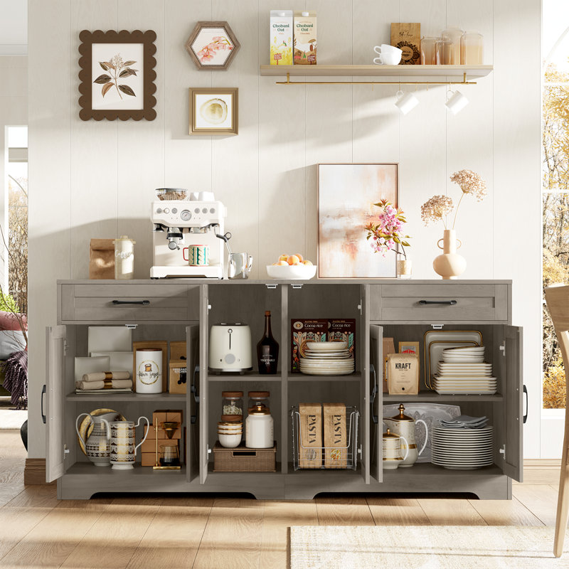 Grand buffet 71 po avec 2 tablettes réglables et 2 grands tiroirs, Gris délavé