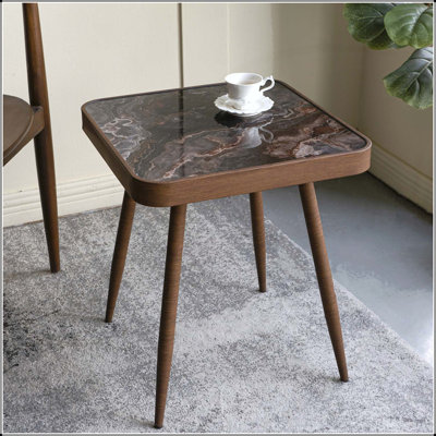 Elegant Square Side Table with Glass Top, Marbled Design, and Gold Iron Legs for Modern Interiors