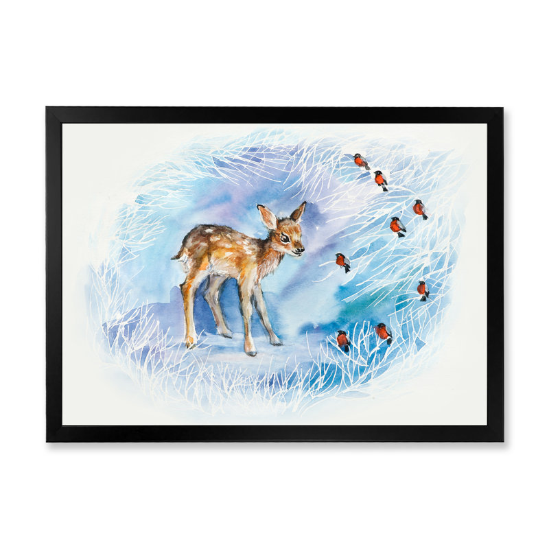 «Fawn and bullfinches in Winter Composition», reproduction sur toile, H 8 po x l 12 po x P 1 po, Cadre photo noir