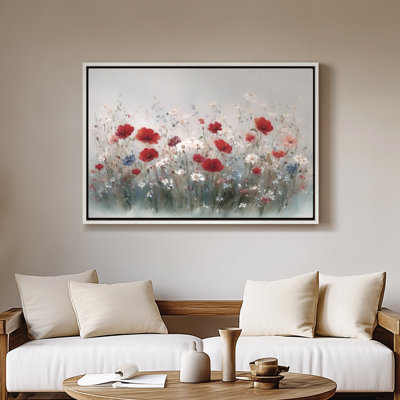 Art mural sur toile encadrée - Prairie de fleurs sauvages avec coquelicots rouges et fond neutre clair - 16 po x 24 po, 24 po x 36 po