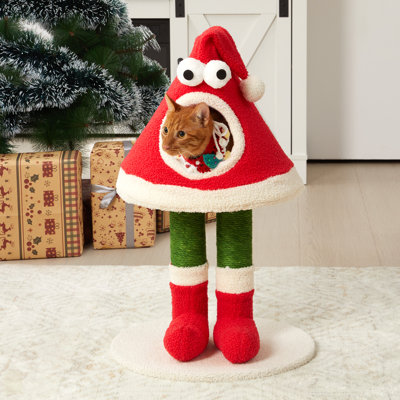 Tour d'arbre de Noël pour chats - conception de chapeau de père Noël avec poteaux à griffer et lit douillet pour chat