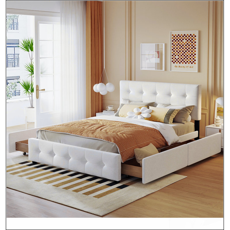 Lit plateforme tapissier avec tête de lit classique et 4 tiroirs, aucun sommier nécessaire, tissu en lin, Blanc