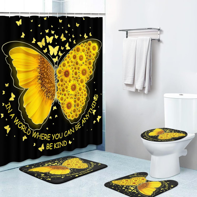 Ensemble de salle de bain 4 pièces avec tournesol papillon et tapis jaune, Yellow/Black