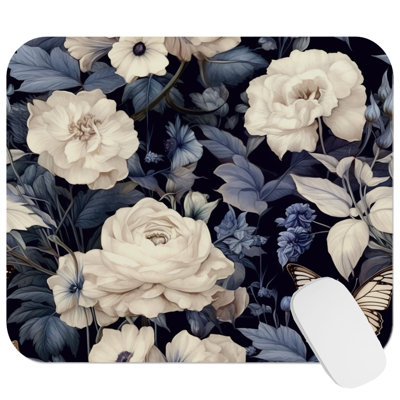 Floral Luxe Flowers Navy Blue VII Cottage Gaming Cute Office Laptop Desk Pad Gift Mat Square Rectangle Non-Slip Mousepad