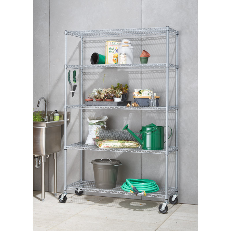 Gray Adjustable 5-Tier Steel Wire Shelving Unit with Wheels