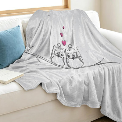 Jeté en flanelle grise ultra douce, imprimé de Noël avec hiboux dessinés