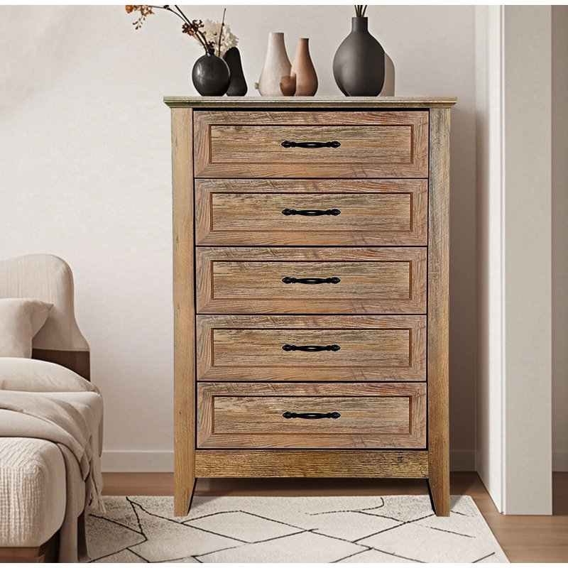 Commode 5 tiroirs, commode vintage en bois, commode haute, Jaune rétro