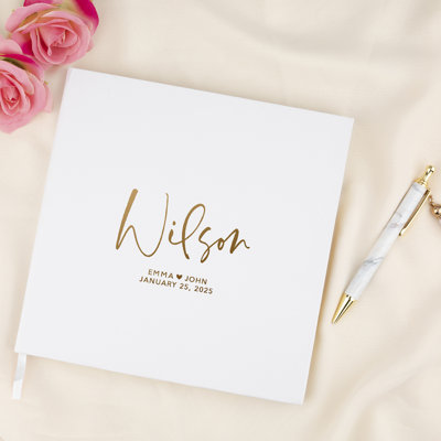 Livre d'or de mariage personnalisé, nom de famille personnalisé or moderne et blanc
