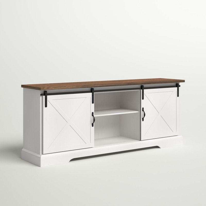 Meuble télé à porte coulissante Carterton, Chêne rustique / blanc brossé, H 28 po x L 70 po x l 16 po