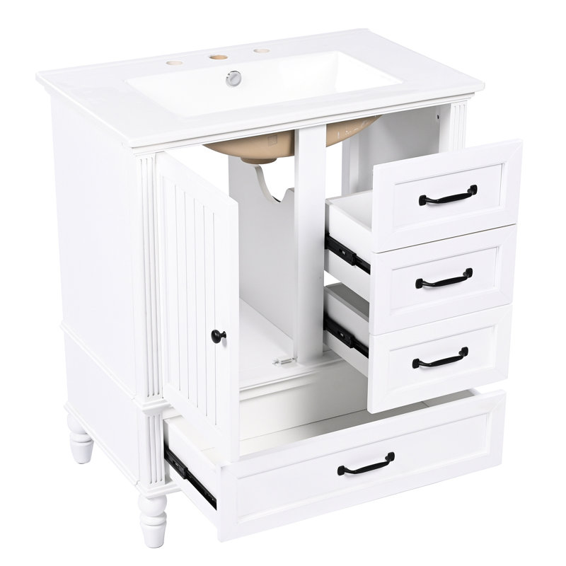 Meuble-lavabo de 30 po avec esthétique rétro, lavabo en céramique et mécanisme de fermeture en douceur, quincaillerie