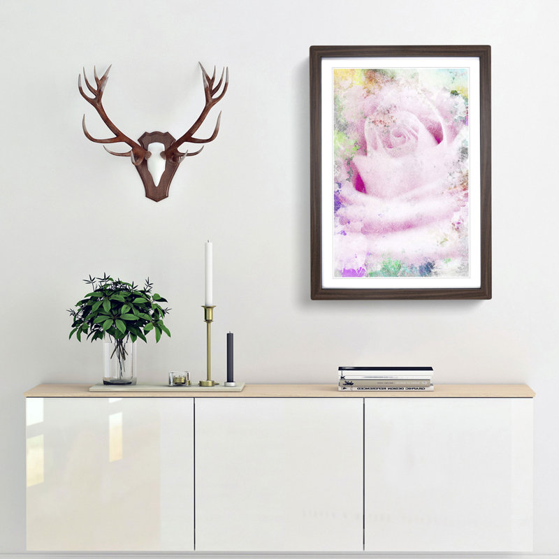 A Sole Pink Rose in Abstract - Picture Frame Painting Print, 36cm H x 27cm W x 2cm D, Walnut Framed