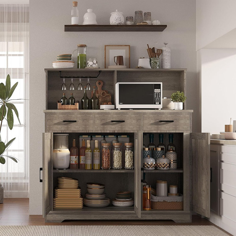 Buffet Farmhouse avec support pour micro-ondes, portes de grange, gris