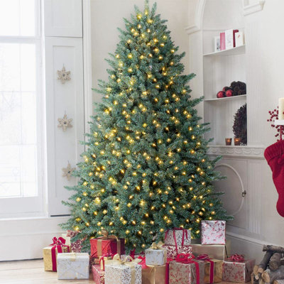 OasisCraft Pre-lit Christmas Tree, Premium Hinged Blue Spruce Artificial Christmas Tree 7.5ft Full Xmas Tree with 800 Clear Lights