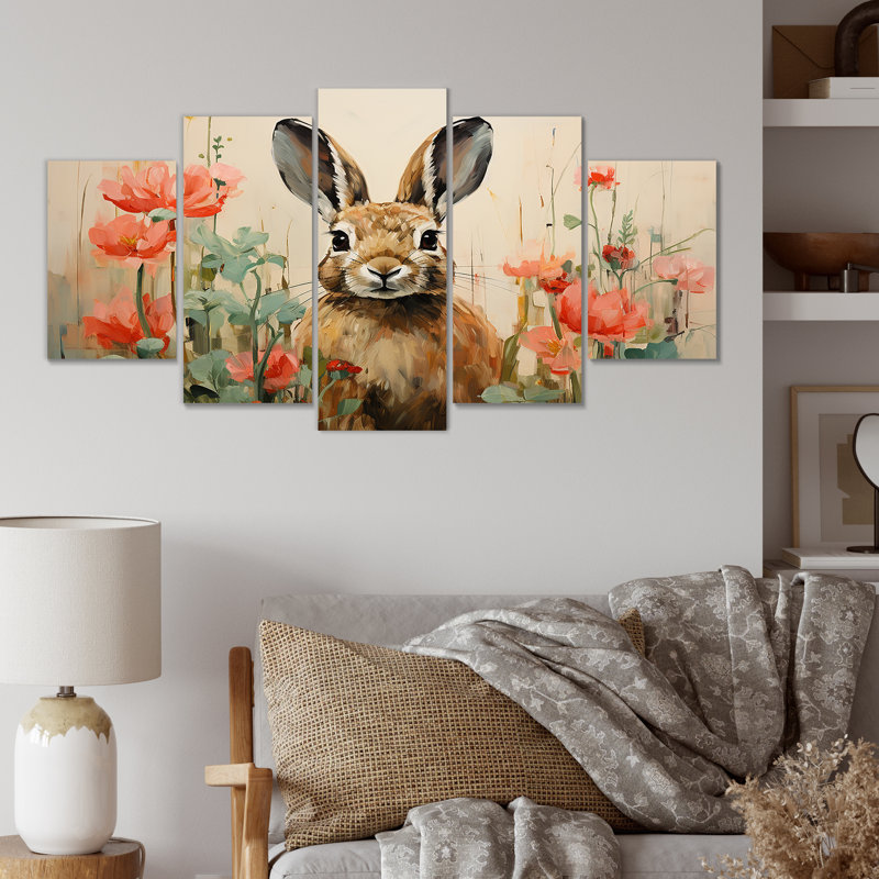 Curious Floral Rabbit Meadow I - ensemble d'art mural multi-panneaux