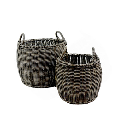 2-Pack Stackable Hand Woven Wicker Storage And Laundry Basket With Handles
