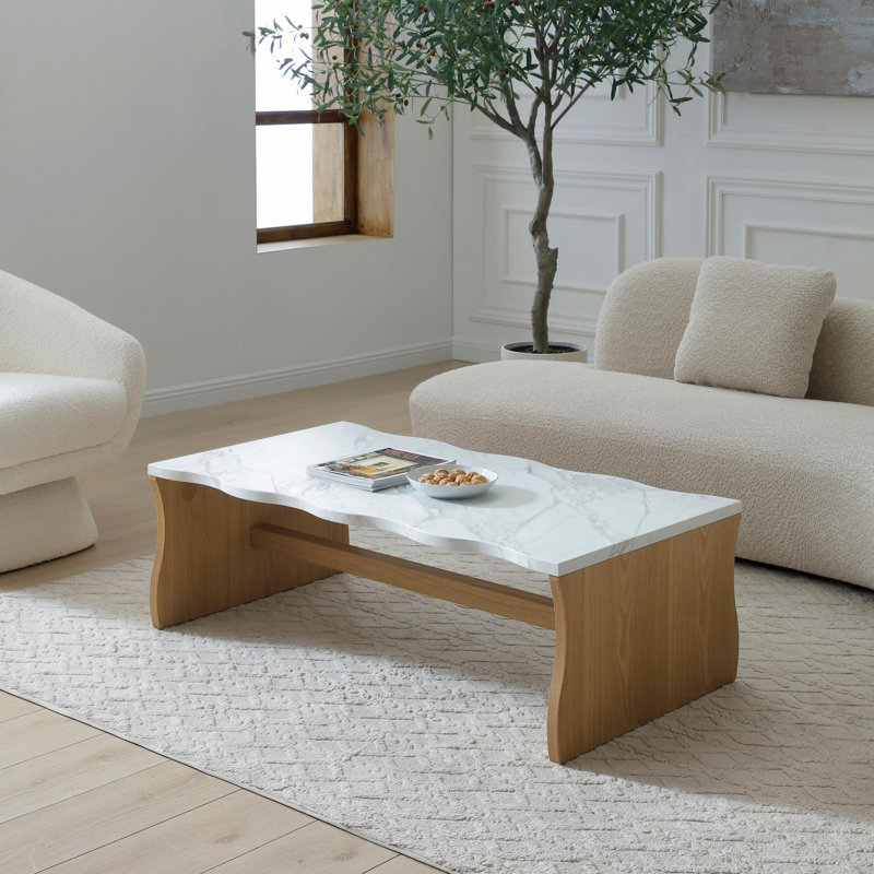 Table basse moderne avec plateau en faux marbre, table d'appoint, table de cocktail pour le bureau du salon, Bois naturel