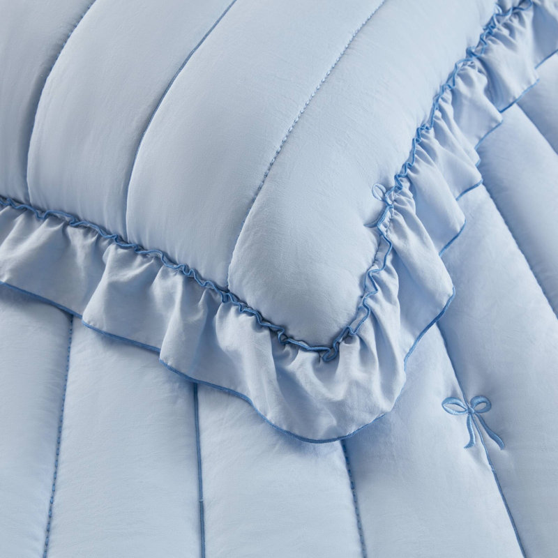 Charming Bow Embroidered Quilt Mini Set With Ruffle Trim And Soft Microfiber, Blue