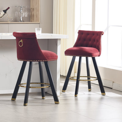 COOLMORE Set Of 2,Back Pull Point Design, Velvet Material, 360 Degree Rotation, Back Pull Loop Detachable Design, Rivet Decoration, Square Foot Wooden Bar Chair