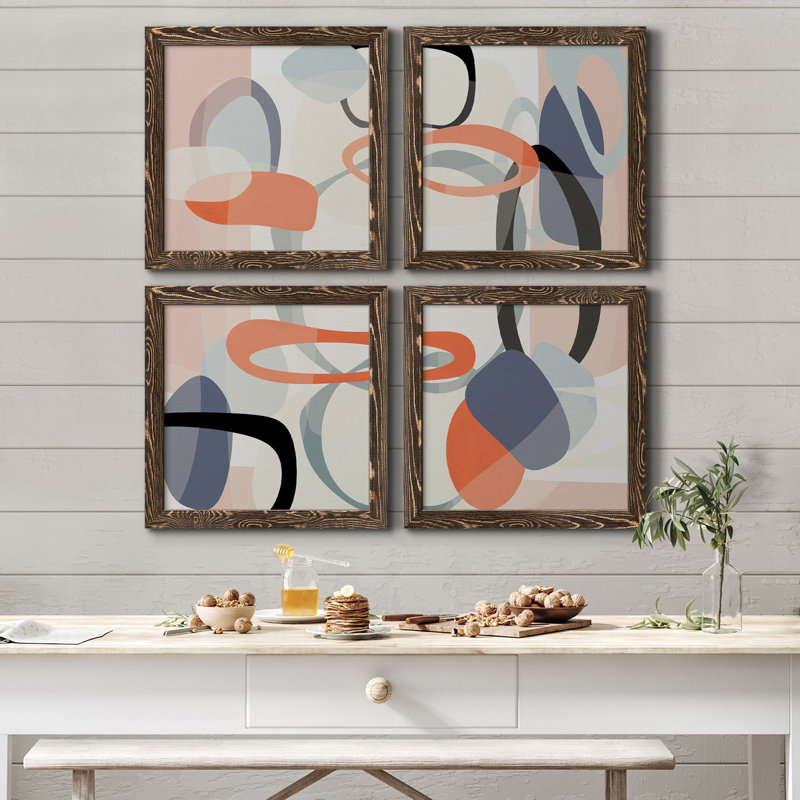 «Floating on Silk I», ensemble de 4 peintures sur toile encadrées, Toile encadrée noyer, H 71 po x l 71 po x P 1,5 po