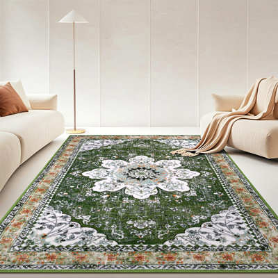 Polyester Machine Washable Green Oriental Area Rug