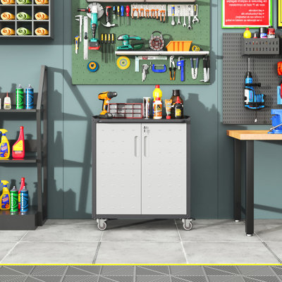 Metal Storage Cabinet With Transportable Wheels - Versatile For Various Settings. , Adjustable Interior. Black + Gray. 29.7"W X 16.57"D 34.65"H Heavy-Duty Rolling Garage Construction. Shelves,