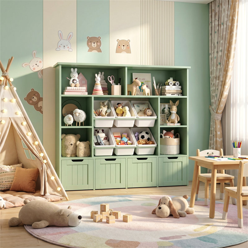 49.4" W Kids Bookcase with 4 Removable Drawers, Cube Organizer, Green/White