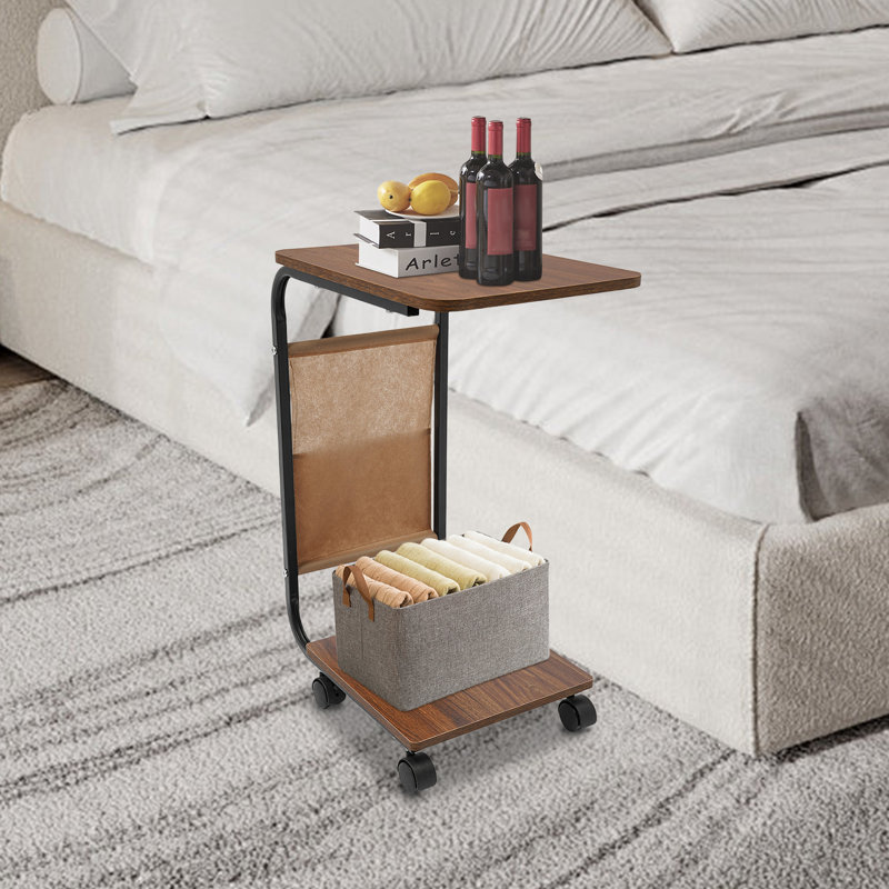 C Shaped Side Table  W/ Brake Caster, Brown, Black