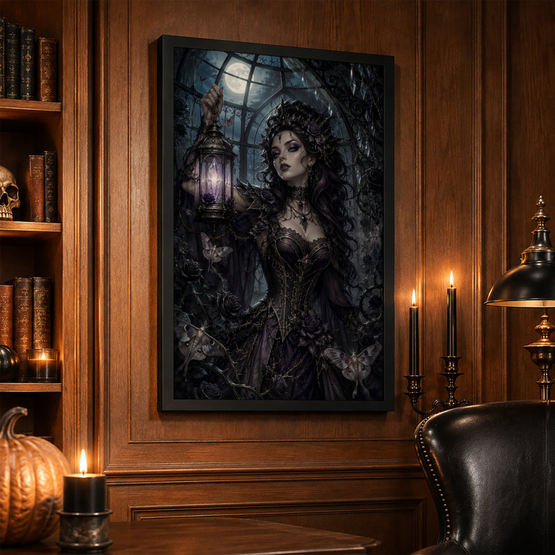 Impression sur toile, "Mauve gothique" avec lanterne et papillons de nuit, H 30 po x l 20 po