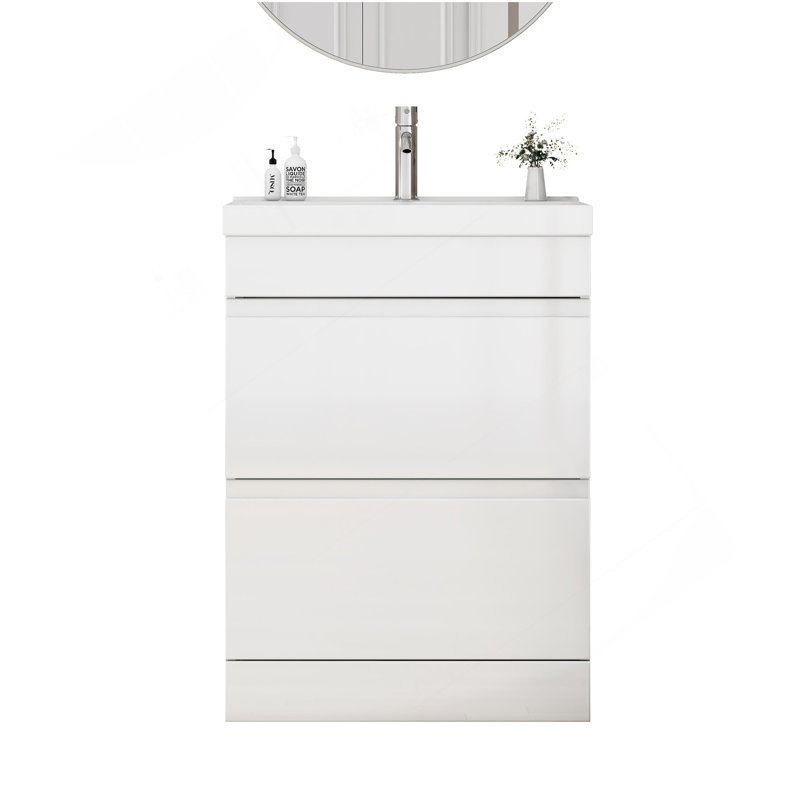 Ensemble de meuble-lavabo 24 po avec lavabo, meuble-lavabo à 2 tiroirs, armoire de salle de bain autoportante à assemblage rapide, système de fermeture en douceur, cuve en céramique à bords épais unique, conception sans poignée, blanc brillant