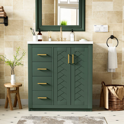 Ensemble de meuble-lavabo 30 po avec lavabo en céramique, armoire de rangement en bois massif, ensemble de meuble-lavabo autoportant avec 3 tiroirs et portes à fermeture douce