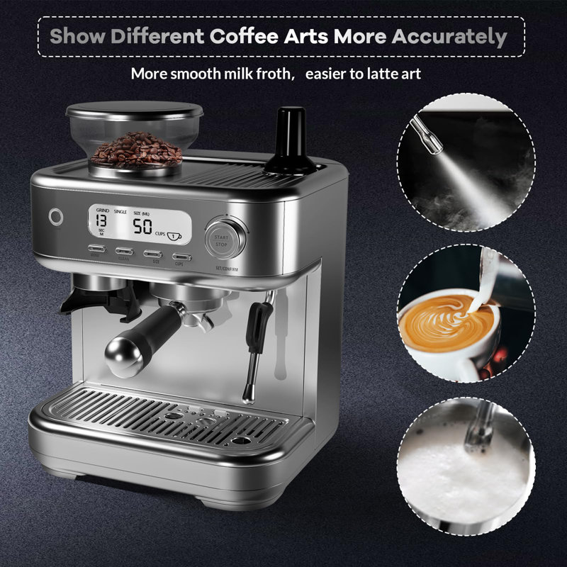 15 Bar Espresso Machine with Built-in Grinder – LCD Display, PID Temperature Control, Milk Frother, Professional Coffee Maker for Latte & Cappuccino (8.8 Oz Bean Hopper)