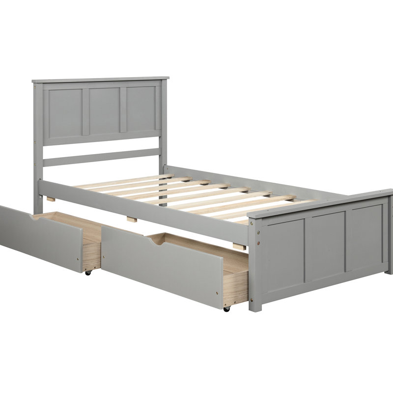 Lit plateforme simple avec 2 tiroirs et roulettes, bois massif et bois massif, Gris