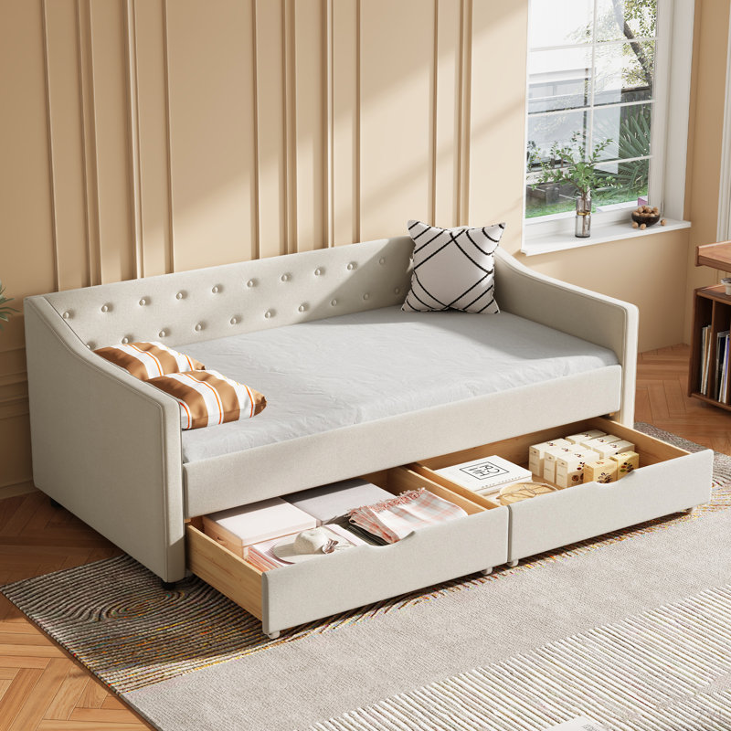 Twin Size Daybed With Drawers Upholstered Tufted Sofa Bed, With Button On Back And Piping On Waved Shape Arms, Beige