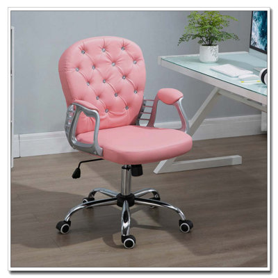 PU Leather Home Office Chair,Button Tufted Desk Chair With Padded Armrests,Adjustable Height And Swivel Wheels,Pink
